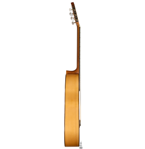 The side of a 1994 Jose Marin Plazuelo flamenco guitar made of spruce and cypress