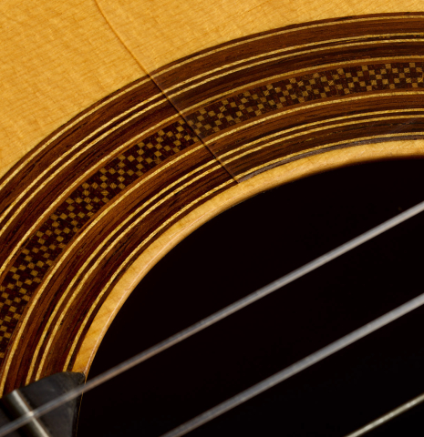 Detail of the rosette of a 1994 Jose Marin Plazuelo flamenco guitar made of spruce and cypress