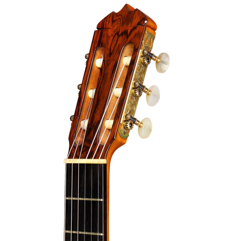 The headstock of a 1965 Jose Ramirez "1aF AM" flamenco guitar made of cedar and cypress