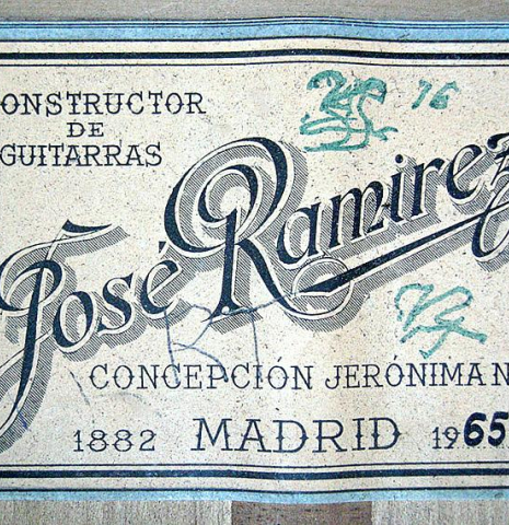 The label of a 1965 Jose Ramirez "1aF AM" flamenco guitar made of cedar and cypress
