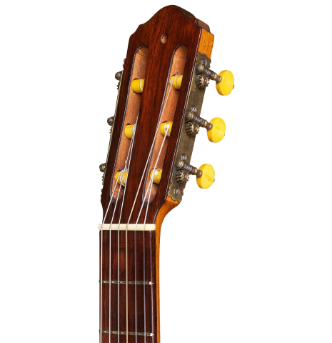 The headstock of a c. 1912 Manuel Ramirez flamenco guitar made with spruce and cypress