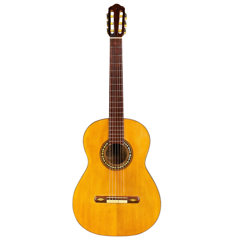 The front of a c. 1912 Manuel Ramirez flamenco guitar made with spruce and cypress
