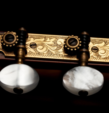 The machine heads of a 1963 Jose Ramirez &quot;2aF MM&quot; flamenco guitar made with spruce and cypress
