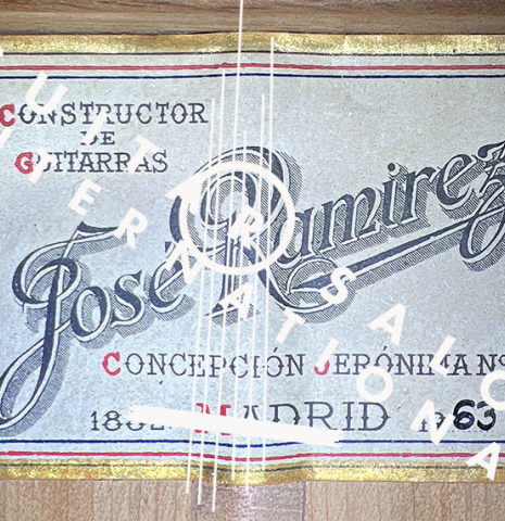 The label of a 1963 Jose Ramirez &quot;2aF MM&quot; flamenco guitar made with spruce and cypress