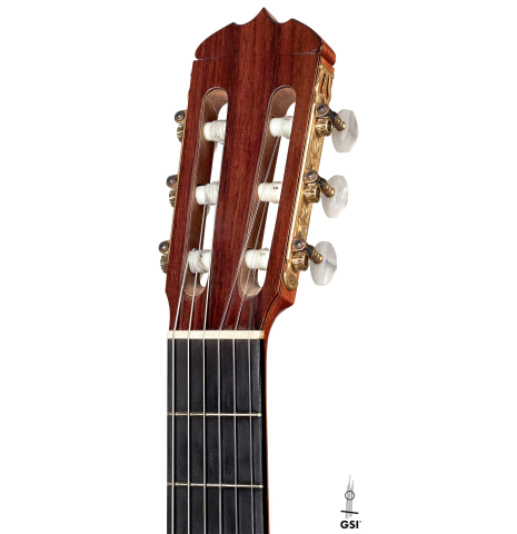 The headstock of a 1963 Jose Ramirez &quot;2aF MM&quot; flamenco guitar made with spruce and cypress