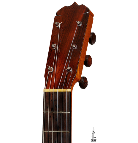 The headstock of a 1970 Jose Ramirez "1aF AM" flamenco guitar made of cedar and cypress