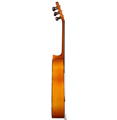 The side of a 1970 Jose Ramirez "1aF AM" flamenco guitar made of cedar and cypress