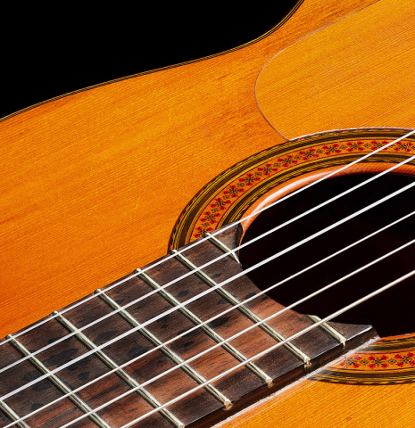 The top, rosette and tap plate of a 1970 Jose Ramirez "1aF AM" flamenco guitar made of cedar and cypress