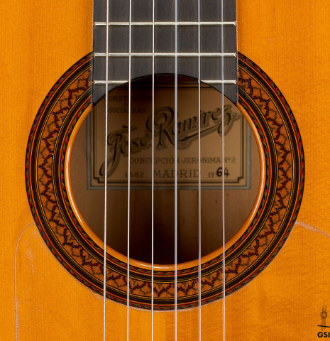 The rosette of a 1964 Jose Ramirez "1aF MM" flamenco guitar made of spruce and cypress