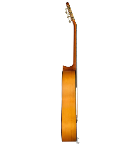 The side of a 1964 Jose Ramirez "1aF MM" flamenco guitar made of spruce and cypress