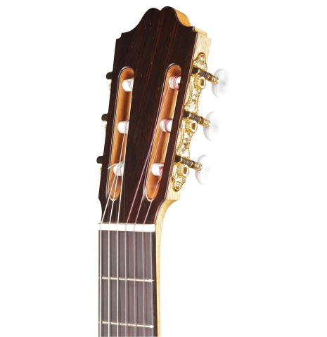 The headstock of a 2003 Antonio Raya Pardo flamenco guitar made with spruce top and cypress back and sides