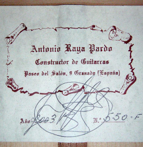 The label of a 2003 Antonio Raya Pardo flamenco guitar made with spruce top and cypress back and sides