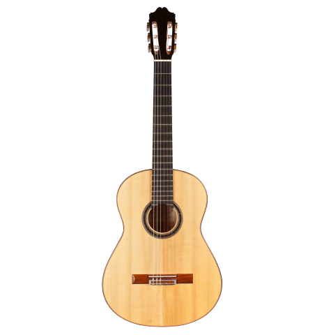 The front of a 2003 Antonio Raya Pardo flamenco guitar made with spruce top and cypress back and sides