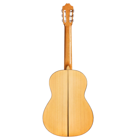 The back of a 2003 Antonio Raya Pardo flamenco guitar made with spruce top and cypress back and sides