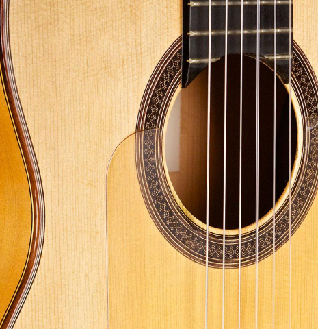The rosette and tap plate of a 1991 Antonio Raya Pardo flamenco guitar made of spruce and cypress