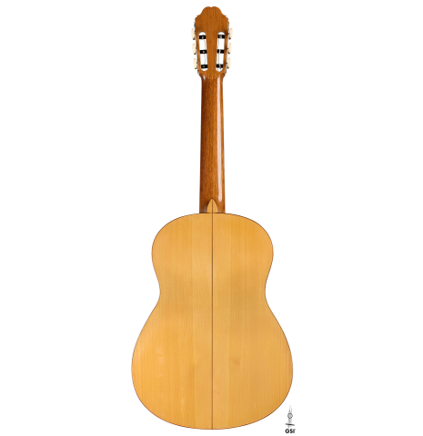The back of a 1991 Antonio Raya Pardo flamenco guitar made of spruce and cypress