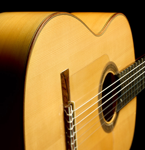 The top and sides of a 1991 Antonio Raya Pardo flamenco guitar made of spruce and cypress