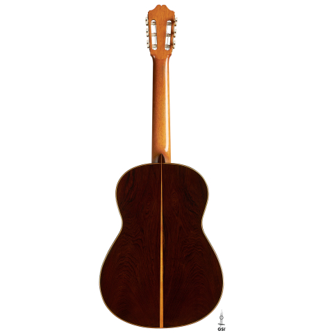 The back of a 2003 Antonio Raya Pardo "Negra" flamenco guitar made of spruce and CSA rosewood