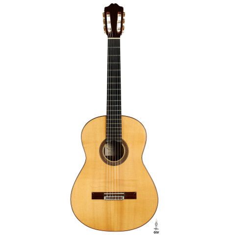 The front of a 2003 Antonio Raya Pardo "Negra" flamenco guitar made of spruce and CSA rosewood