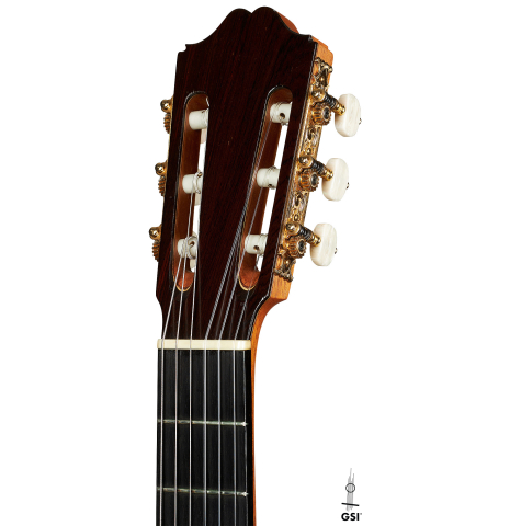 The headstock of a 2003 Antonio Raya Pardo "Negra" flamenco guitar made of spruce and CSA rosewood