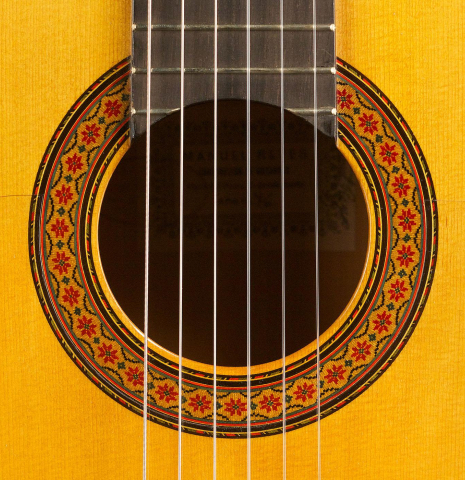 The rosette of a 1976 Manuel Reyes flamenco blanca guitar made of spruce and cypress