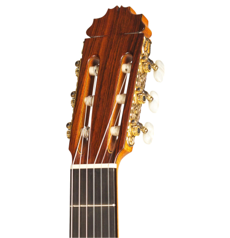 The headstock of a 1976 Manuel Reyes flamenco blanca guitar made of spruce and cypress