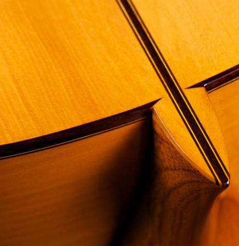 The heel, back binding and purfling of a 1976 Manuel Reyes flamenco blanca guitar made of spruce and cypress