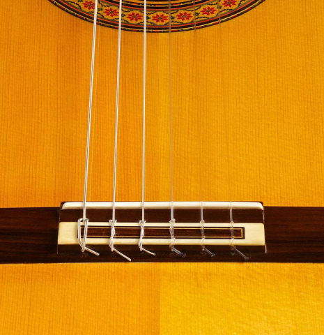 The bridge, tie-block and saddle of a 1976 Manuel Reyes flamenco blanca guitar made of spruce and cypress