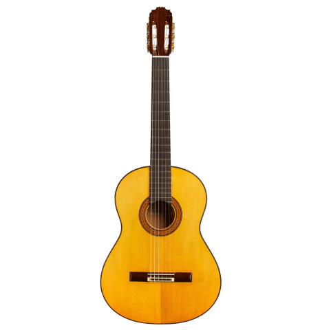The front of a 1976 Manuel Reyes flamenco blanca guitar made of spruce and cypress
