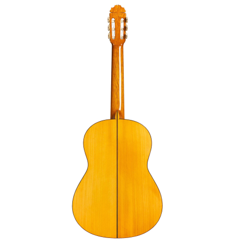 The back of a 1976 Manuel Reyes flamenco blanca guitar made of spruce and cypress