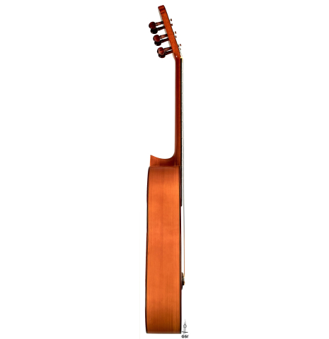 The side of a 1974 Manuel Reyes flamenco guitar made of spruce and cypress with traditional pegs