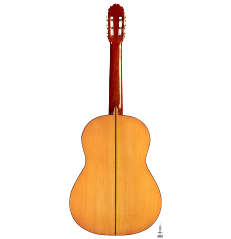 The back of a 2007 Manuel Reyes flamenco guitar made of spruce and cypress