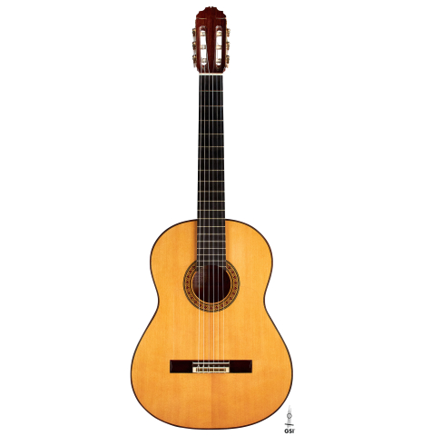 The front of a 2007 Manuel Reyes flamenco guitar made of spruce and cypress
