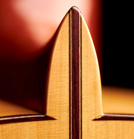 The heel of a 2007 Manuel Reyes flamenco guitar made of spruce and cypress
