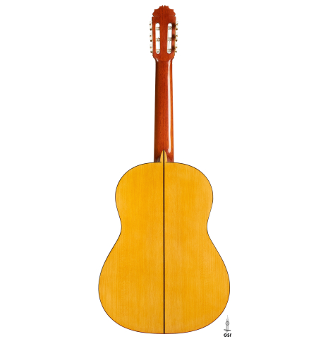 The back of a 1997 Manuel Reyes flamenco guitar made of spruce and cypress