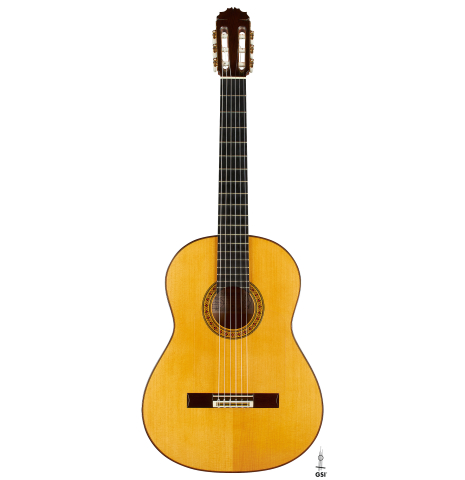 The front of a 1997 Manuel Reyes flamenco guitar made of spruce and cypress