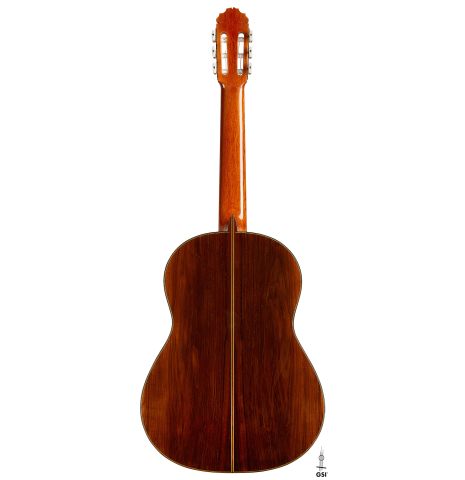 The back of a 2003 Manuel Reyes "Negra" flamenco guitar made of spruce and CSA rosewood