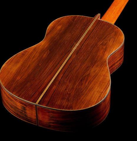 The back and sides of a 2003 Manuel Reyes "Negra" flamenco guitar made of spruce and CSA rosewood