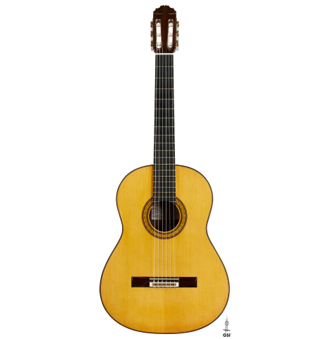The front of a 2003 Manuel Reyes "Negra" flamenco guitar made of spruce and CSA rosewood