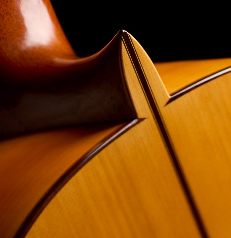 The heel joint on the back of a 1992 Manuel Reyes flamenco blanca guitar made of spruce and cypress