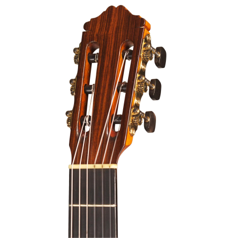The headstock of a 1968 Miguel Rodriguez (ex Manolo Franco) flamenco blanca guitar made of cedar and cypress