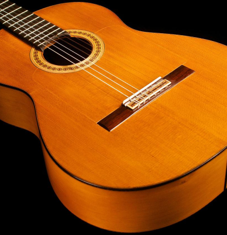 The soundboard and sides of a 1968 Miguel Rodriguez (ex Manolo Franco) flamenco blanca guitar made of cedar and cypress