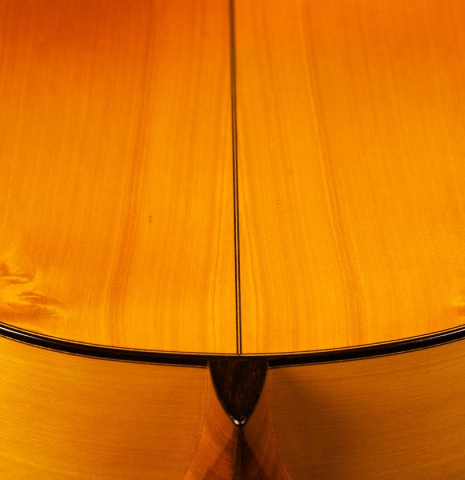 The heel, back binding and purfling of a 1968 Miguel Rodriguez (ex Manolo Franco) flamenco blanca guitar made of cedar and cypress
