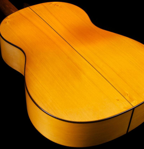 The back and sides of a 1968 Miguel Rodriguez (ex Manolo Franco) flamenco blanca guitar made of cedar and cypress