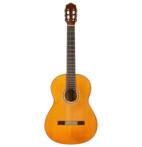 The front of a 1968 Miguel Rodriguez (ex Manolo Franco) flamenco blanca guitar made of cedar and cypress