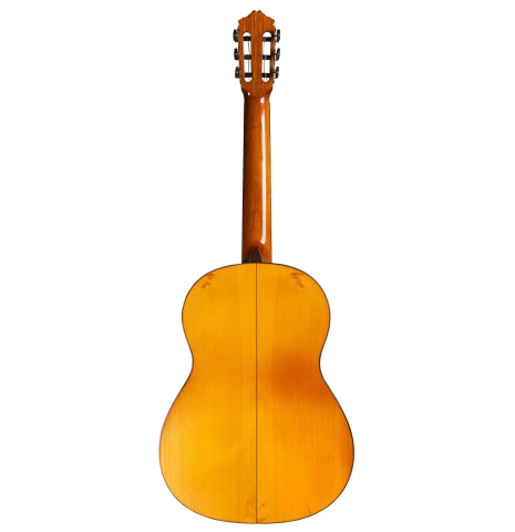 The back of a 1968 Miguel Rodriguez (ex Manolo Franco) flamenco blanca guitar made of cedar and cypress