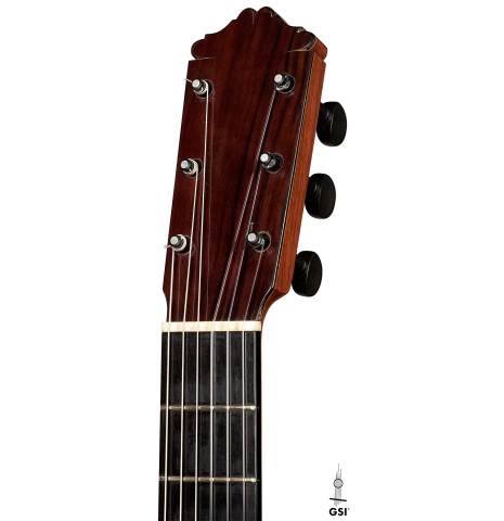 The headstock of a 1971 Miguel Rodriguez flamenco guitar made with cedar and cypress.