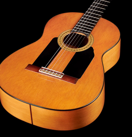 The soundboard and tap plates of a 1971 Miguel Rodriguez flamenco guitar made with cedar and cypress.