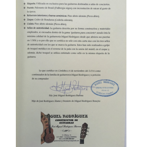 Miguel Rodriguez Guitar certificate page 2