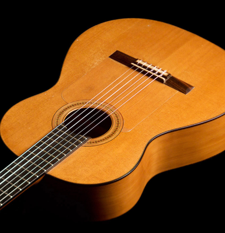 The front of a 1968 Miguel Rodriguez flamenco guitar made of cedar and cypress